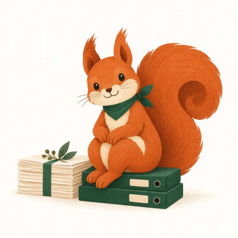 Nuski relaxes on two green folders beside a neatly bundled stack of documents.